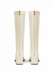 LACE-UP MESH CHUNKY HEELED KNEE HIGH BOOTS