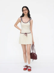 Knit U-neckline Contrasting Binding Stripe Drawstring Pleated Mini Dress