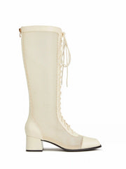 LACE-UP MESH CHUNKY HEELED KNEE HIGH BOOTS