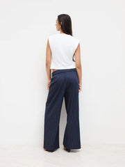 Mid Rise Stripe Pleated Wide Leg Trousers