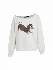 Terry Asymmetrical Neck Dog Graphic Sweatshirt
