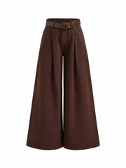 Denim Low Rise Pleated Wide Leg Jeans With Belt