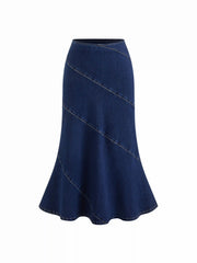 Stretch Denim Mid Rise Mermaid Maxi Skirt
