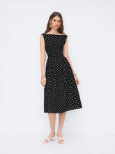 Linen-blend Boat Neck Polka Dot Backless Bowknot Midi Dress