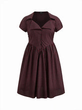 Cotton-blend Sweetheart Puff Sleeve Plaid Buckle Midi Dress Curve & Plus