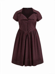 Cotton-blend Sweetheart Puff Sleeve Plaid Buckle Midi Dress Curve & Plus