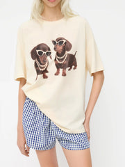 Cotton-blend Dachshund Puppies Graphic Oversized Tee