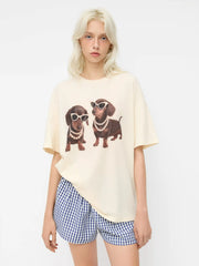 Cotton-blend Dachshund Puppies Graphic Oversized Tee