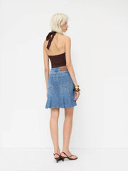 Stretch Cider Denim Low Rise Mermaid Pleated Mini Skirt