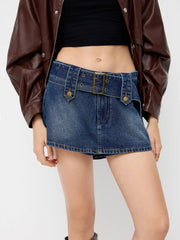 Denim Low Rise Mini Skort With Belt