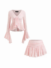 Lace V-neck Pointelle Bell Sleeve Crop Top With Ruched Mini Skirt Set