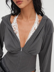 Rib Lace Halter Contrasting Binding Hoodie