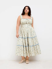 Cotton Ditsy Floral Contrasting Binding knotted Shirred Tiered Maxi Dress Curve & Plus