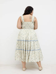 Cotton Ditsy Floral Contrasting Binding knotted Shirred Tiered Maxi Dress Curve & Plus