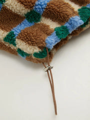 Fleece High Neck Two Tone Checks Drawstring Oversized Jacket