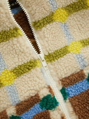 Fleece High Neck Two Tone Checks Drawstring Oversized Jacket