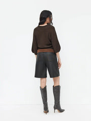 Knit Round Neck Lantern Sleeve Oversized Sweater