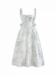Jacquard Sculptural Square Neck Floral Bowknot Midi Dress