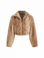 Faux Fur Deer Print High Neck Zip Through Jacket