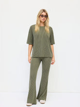 Round Neckline Stripe Tee & Mid Rise Flared Trousers Loungewear Set