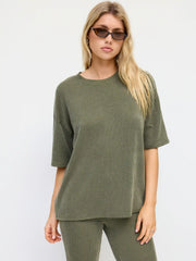 Round Neckline Stripe Tee & Mid Rise Flared Trousers Loungewear Set