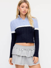 Cable Knit Colorblock High Neck Long Sleeve Crop Top