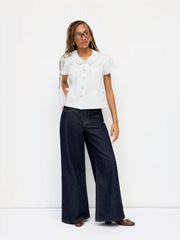 Cotton-blend Peter Pan Collar Bowknot Pocket Button Oversized Blouse