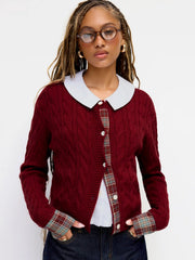 Cable Knit Round Neckline Patched Tartan Button Cardigan