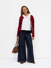 Cable Knit Round Neckline Patched Tartan Button Cardigan
