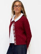 Cable Knit Round Neckline Patched Tartan Button Cardigan