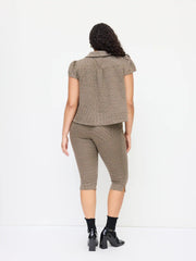 Peter Pan Collar Houndstooth Button Short Sleeve Blouse Curve & Plus