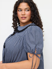 Cotton-blend Peter Pan Collar Plaid Lace Trim Puff Sleeve Knotted Mini Dress Curve & Plus