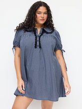 Cotton-blend Peter Pan Collar Plaid Lace Trim Puff Sleeve Knotted Mini Dress Curve & Plus