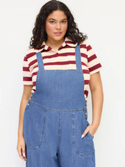 Denim Pleated Belted Shoulder Straps Jumpsuit Curve & Plus