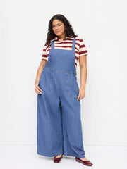 Denim Pleated Belted Shoulder Straps Jumpsuit Curve & Plus