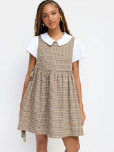 Flannel Round Neckline Tartan Tie Side Knotted Ruffle Hem Mini Dress