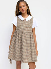 Flannel Round Neckline Tartan Tie Side Knotted Ruffle Hem Mini Dress