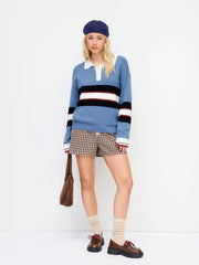 Knit Collar Stripe Button Oversized Top