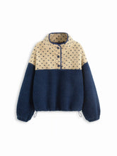 Fleece Stand Collar Two Tone Patchy Drawstring Oversized Sweatshirt