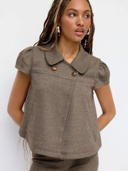 Peter Pan Collar Houndstooth & Polka Dot Button Short Sleeve Blouse