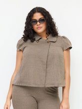 Peter Pan Collar Houndstooth Button Short Sleeve Blouse Curve & Plus