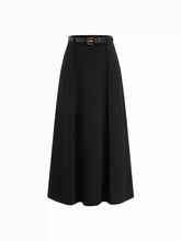 Stretchy Mid Rise Solid Maxi A-line Skirt With Belt