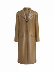 Faux Leather Notched Collar Button Oversized Longline Coat