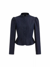 Denim Stand Collar Puff Long Sleeve Cinched Waist Button Jacket
