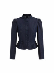 Denim Stand Collar Puff Long Sleeve Cinched Waist Button Jacket