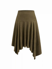 Suede Mid Rise Ruffle Hanky Hem Midi Skirt