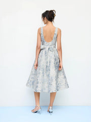 Jacquard Sculptural Square Neck Floral Bowknot Midi Dress