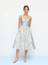 Jacquard Sculptural Square Neck Floral Bowknot Midi Dress