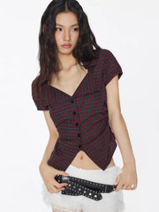 Cotton-blend Tartan Split Gingham Ruched Shirt