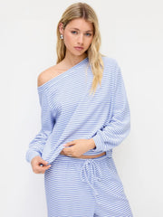 Cotton-blend Asymmetrical Neck Striped Oversized Top & Mid Rise Drawstring Trousers Loungewear Set